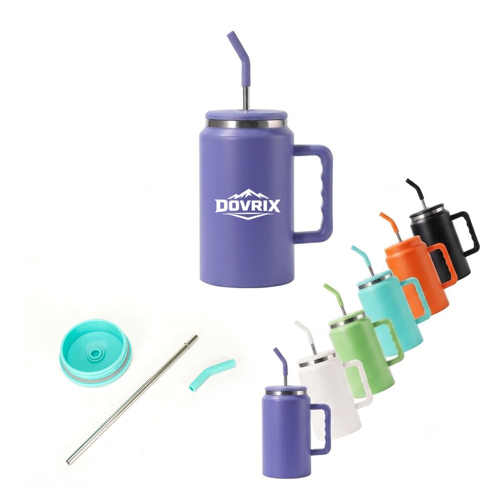 Lidded Stainless Steel Mug w/ Straw