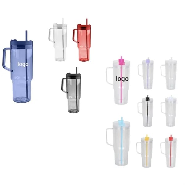 40 oz Transparent Beverage Tumbler w/ Straw Carrying Handle