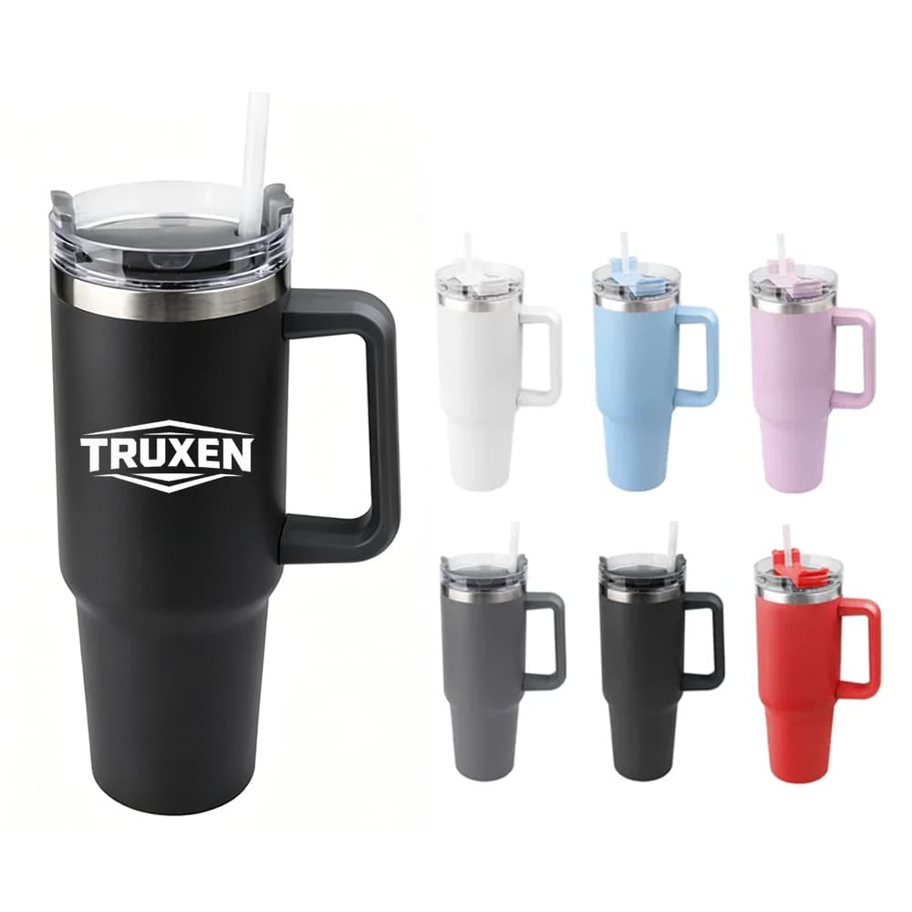 40oz Vacuum-Insulated Travel Tumbler w/ Handle & Straw